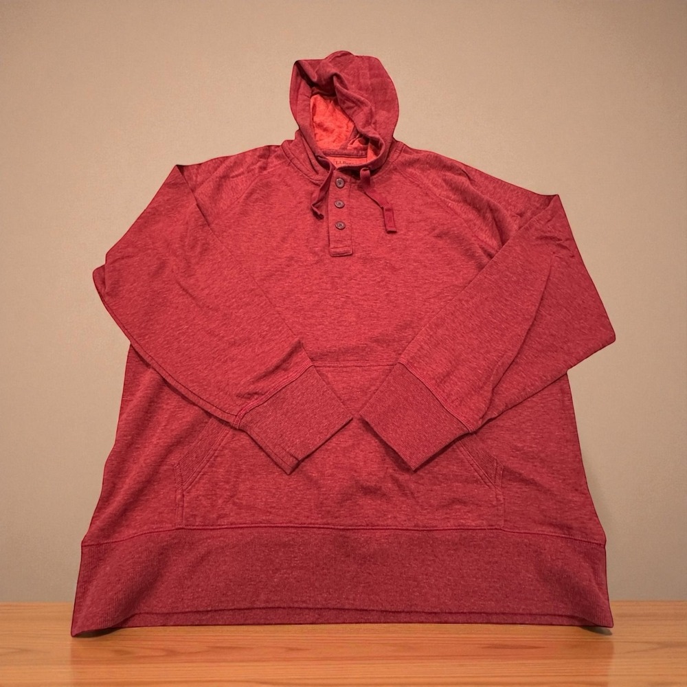 LLBean Men Size L Reg Heathered Red Long Sleeve Button Neck Hoodie Sweatshirt